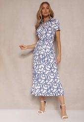 Niebieska Sukienka z Wiskozą o Koszulowym Kroju z Geometrycznym Wzorem Saravione. Niebieskie sukienki Renee, na lato, l, bez wzorów, z wiskozy, eleganckie, bez kołnierzyka, bez ramiączek, koszulowe. Za 129.99 zł.