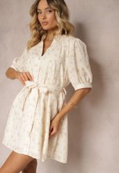 Beżowo-Różowa Trapezowa Sukienka o Kroju Koszulowym Ozdobiona Materiałowym Paskiem w Talii Darnagia. Brązowe sukienki Renee, l, bez wzorów, z materiału, eleganckie, bez kołnierzyka, bez ramiączek, mini, koszulowe. Za 189.99 zł.