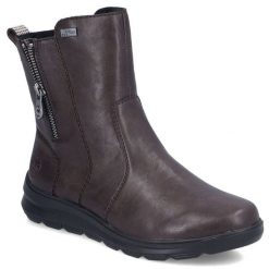 Wododporne botki damskie komfortowe brązowe Rieker Z0074-25. Brązowe botki Rieker, bez wzorów, ze skóry ekologicznej, bez obcasa, bez zapięcia. Za 389.00 zł.