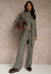 Ciemnozielony Komplet z Dzianiny z Wiskozą Spodnie Bluzka ze Stójką i Kardigan Vetisene. Zielone kardigany Renee, l, bez wzorów, z dzianiny. Za 249.99 zł.