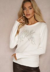 Biały Sweter z Dodatkiem Bawełny Perełkami i Cyrkoniami Lerinaya. Białe swetry Renee, l, z aplikacjami, z bawełny, bez ramiączek. Za 59.99 zł.