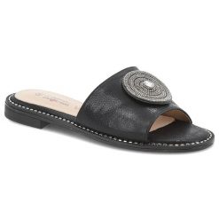 Klapki damskie S. Barski, eleganckie z eko skóry na płaskim obcasie ze sprzączką, czarne, KV51-013. Czarne klapki S.BARSKI, bez wzorów, ze skóry, bez obcasa, na płaskiej podeszwie. Za 109.00 zł.