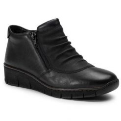 RIEKER 53742-00 Czarny. Czarne botki Rieker, bez wzorów, ze skóry, bez obcasa, bez zapięcia. Za 259.99 zł.