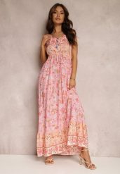 Różowa Sukienka z Wiskozy Aeroreia. Czerwone sukienki Renee, na imprezę, m, z aplikacjami, z wiskozy, boho, bez kołnierzyka, bez ramiączek, maxi. Za 59.99 zł.