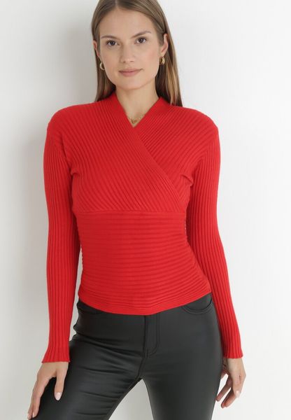 Czerwony Sweter Kopertowy z Prążkowanej Dzianiny Zaki. Czerwone swetry Born2be, s, bez wzorów, z dzianiny, bez ramiączek. Za 44.99 zł.