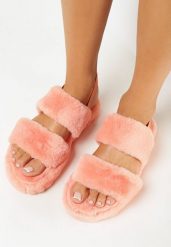 Pomarańczowe Futrzane Kapcie z Elastycznym Paskiem na Piętę Biella. Brązowe obuwie domowe Born2be, bez wzorów, z futra, bez zapięcia. Za 29.99 zł.