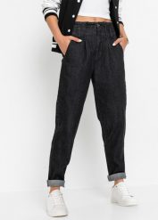 Dżinsy Mom, high waist, ze stretchem. Czarne jeansy bonprix, bez wzorów, z podwyższonym stanem. Za 109.99 zł.
