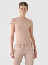 4F T-shirt slim gładki damski - beżowy S. Brązowe t-shirty 4f, s, bez wzorów, z bawełny, bez kołnierzyka, bez ramiączek. W wyprzedaży za 29.99 zł.