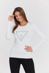 GUESS Biały damski sweter Rylie Triangle z dużym logo, Rozmiar L. Białe swetry Guess, l, z aplikacjami, z elastanu, bez ramiączek. W wyprzedaży za 289.99 zł.