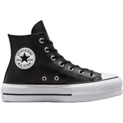 Buty na platformie Converse Chuck Taylor All Star Lift Leather High Top. Czarne obuwie sportowe Converse, ze skóry, bez zapięcia. Za 400.50 zł.