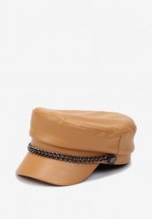 Brązowa Czapka z Daszkiem Kaszkiet z Imitacji Skóry z Ozdobnym Łańcuszkiem Raraya. Brązowe czapki Renee, bez wzorów, ze skóry. Za 44.99 zł.