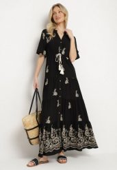 Czarna Wiskozowa Sukienka Boho o Rozkloszowanym Kroju z Haftem i Wiązaniem Lilvanis. Czarne sukienki Born2be, na co dzień, l, bez wzorów, z jeansu, boho, bez kołnierzyka, bez ramiączek, maxi, rozkloszowane. Za 139.99 zł.