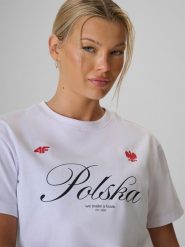 4F Koszulka kibica damska - biała XL. Białe koszulki sportowe 4f, bez wzorów, z bawełny, bez ramiączek. Za 59.99 zł.