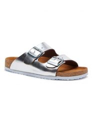 Comfortfusse Skórzane klapki w kolorze srebrnym rozmiar: 40. Szare klapki Comfortfüße, bez wzorów, z otwartym noskiem, bez obcasa. Za 219.95 zł.