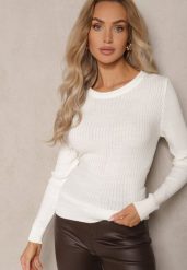 Biała Casualowy Sweter z Prążkowanego Materiału Zintra. Białe swetry Renee, m, bez wzorów, z jeansu, bez ramiączek. Za 69.99 zł.