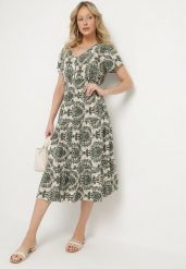 Ciemnozielona Bawełniana Sukienka o Rozkloszowanym Kroju z Gumką w Pasie Desilona. Zielone sukienki Born2be, na co dzień, l, bez wzorów, z bawełny, eleganckie, bez kołnierzyka, bez ramiączek, midi, rozkloszowane. Za 44.99 zł.