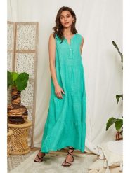 Lin Passion Lniana sukienka w kolorze turkusowym rozmiar: 34/36. Niebieskie sukienki Lin Passion, bez wzorów, ze lnu, klasyczne, bez kołnierzyka, bez ramiączek, maxi, rozkloszowane. Za 173.99 zł.