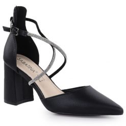 Sandały damskie na słupku z cyrkoniami czarne Sabatina 750-1. Czarne sandały Sabatina, bez wzorów, z materiału, bez obcasa, na słupku, bez zapięcia. Za 129.99 zł.