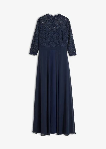 Długa sukienka z koronką. Niebieskie sukienki bonprix, bez wzorów, z koronki, wizytowe, bez kołnierzyka, bez ramiączek, maxi, kopertowe. Za 359.99 zł.