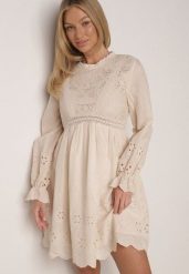 Beżowa Sukienka w Rustykalnym Stylu z Haftowanej Tkaniny z Bawełną Delogana. Brązowe sukienki Born2be, na co dzień, l, w ażurowe wzory, z bawełny, eleganckie, bez kołnierzyka, bez ramiączek, mini, proste. Za 149.99 zł.