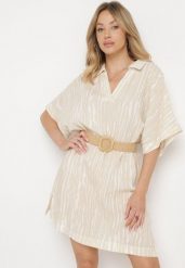 Beżowa Sukienka z Bawełny i Lnu z Kołnierzykiem Bumstolia. Brązowe sukienki Born2be, na co dzień, na lato, l, bez wzorów, z bawełny, bez kołnierzyka, plus size, bez ramiączek, proste. Za 79.99 zł.