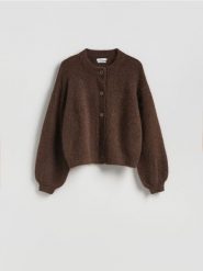 Kardigan z wełną - ciemnobrązowy. Brązowe kardigany Reserved, l, bez wzorów, z dzianiny. Za 279.99 zł.