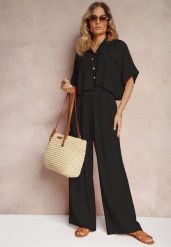 Czarny 2-Częściowy Komplet z Wiskozy Koszula o Luźnym Kroju Szerokie Spodnie Velvitela. Czarne koszule Renee, bez wzorów, z materiału, eleganckie, bez kołnierzyka, bez ramiączek. Za 109.99 zł.