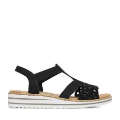 Sandały Rieker. Czarne sandały Rieker, bez wzorów, bez obcasa, na koturnie, bez zapięcia. Za 319.99 zł.