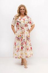 Sukienka midi lniano-bawełniana w kwiaty Florka z paskiem | PLUS SIZE OVERSIZE LATO. Czerwone sukienki Moda Size Plus Iwanek, do pracy, na lato, plus size, bez wzorów, z bawełny, biznesowe, bez kołnierzyka, plus size, bez ramiączek, midi, dopasowane. Za 339.90 zł.