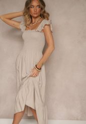Beżowa Sukienka z Bawełny na Ramiączkach Ozdobiona Falbanami i Gumkami Mevalys. Brązowe sukienki Renee, na imprezę, l, bez wzorów, z bawełny, eleganckie, bez kołnierzyka, bez ramiączek, maxi, rozkloszowane. Za 39.99 zł.