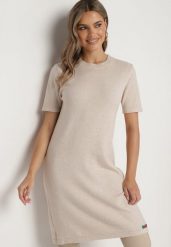 Beżowa Dzianinowa Sukienka z Wiskozą o T-shirtowym Kroju z Ozdobnymi Guziczkami Arissana. Brązowe sukienki Born2be, na spotkanie biznesowe, s, bez wzorów, z dzianiny, eleganckie, bez kołnierzyka, bez ramiączek, mini. Za 69.99 zł.