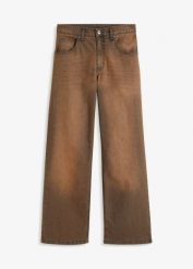 Jeansy wide leg, high waist, z efektem wytarcia w stylu vintage. Brązowe jeansy bonprix, bez wzorów, z podwyższonym stanem. Za 159.99 zł.