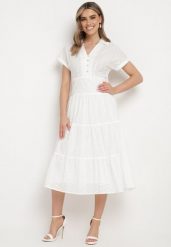 Biała Bawełniana Sukienka o Ażurowym Wykończeniu z Krótkim Rękawem Zapinana na Guziki Kataria. Białe sukienki Born2be, na co dzień, na lato, l, z aplikacjami, z bawełny, klasyczne, bez kołnierzyka, bez ramiączek, mini, proste. Za 189.99 zł.