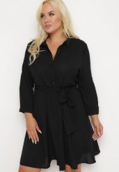 Czarna Rozkloszowana Mini Sukienka Zapinana na Guziki z Materiałowym Paskiem Vleco. Czarne sukienki Born2be, l, bez wzorów, z materiału, bez kołnierzyka, bez ramiączek, mini, rozkloszowane. Za 74.99 zł.