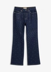 Jeansy straight, mid waist, zdobione kryształkami. Niebieskie jeansy bonprix, z aplikacjami. Za 159.99 zł.
