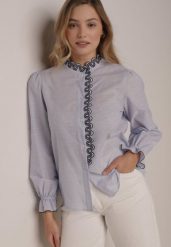 Niebieska Koszula z Bawełny Ozdobiona Haftowaną Falbanką Zenatia. Niebieskie koszule Born2be, l, bez wzorów, z bawełny, eleganckie, bez kołnierzyka, bez ramiączek. Za 99.99 zł.