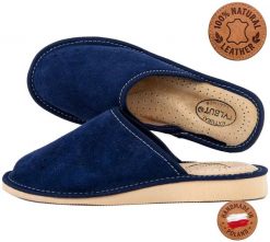Kapcie kempingowe damskie Tylbut TYL0114 ze skóry naturalnej domowe. Niebieskie obuwie domowe OEM, bez wzorów, z materiału, bez zapięcia. Za 64.00 zł.