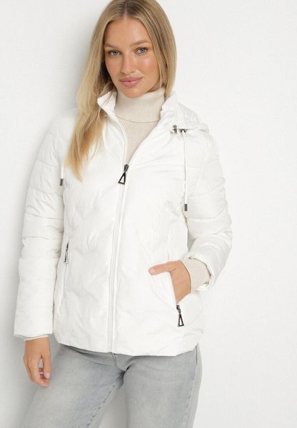 Biała Kurtka Przejściowa z Kapturem i Ozdobnym Pikowaniem Cilvessa. Białe kurtki Born2be, l, bez wzorów, z jeansu, z kapturem. Za 149.99 zł.