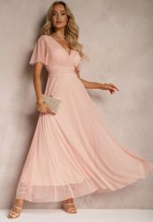 Różowa Siateczkowa Sukienka z Kopertowym Dekoltem Wiązana w Talii Niblea. Czerwone sukienki Renee, na co dzień, m, bez wzorów, eleganckie, bez kołnierzyka, bez ramiączek, maxi, kopertowe. Za 84.99 zł.