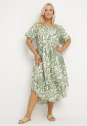 Zielona Rozkloszowana Sukienka z Wiskozy z Geometrycznym Wzorem Emisova. Zielone sukienki Born2be, na co dzień, xl, bez wzorów, z wiskozy, eleganckie, bez kołnierzyka, bez ramiączek, midi, rozkloszowane. Za 74.99 zł.