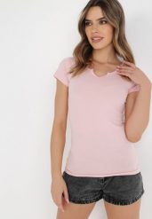 Jasnoróżowy T-shirt Aerippe. Czerwone t-shirty Born2be, l, z aplikacjami, z bawełny, bez kołnierzyka, bez ramiączek. W wyprzedaży za 25.49 zł.