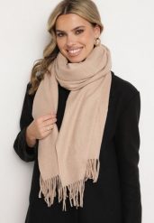 Beżowy Szalik z Bawełną i Wiskozą Ozdobiony Frędzlami Siadortia. Brązowe szaliki Born2be, bez wzorów, z bawełny, biznesowe. Za 44.99 zł.