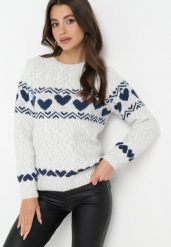 Biało-Szary Dzianinowy Sweter w Serca Ritavem. Białe swetry Born2be, l, bez wzorów, z dzianiny, bez ramiączek. Za 64.99 zł.