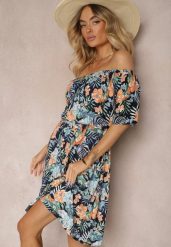 Granatowa Sukienka z Bawełny w Kwiatowy Print Dimizama. Niebieskie sukienki Renee, na co dzień, l, bez wzorów, z bawełny, eleganckie, bez kołnierzyka, bez ramiączek, mini, kopertowe. Za 39.99 zł.