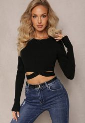 Czarny Dopasowany Sweter z Wycięciami w Talii Aasiriz. Czarne swetry Renee, bez wzorów, z jeansu, bez ramiączek. Za 129.99 zł.