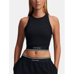 Top treningowy damski Under Armour Meridian Rib Branded Tank. Czarne topy Under Armour, xl, bez wzorów, bez kołnierzyka, bez ramiączek. Za 199.99 zł.