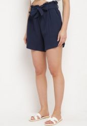 Granatowe Szorty z Bawełny z Gumką w Pasie i Materiałowym Paskiem Fioara. Niebieskie szorty Born2be, bez wzorów, z bawełny, eleganckie. Za 64.99 zł.