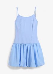 Sukienka mini z rozkloszowaną częścią spódnicową. Niebieskie sukienki bonprix, bez wzorów, bez kołnierzyka, bez ramiączek, mini, rozkloszowane. Za 54.99 zł.