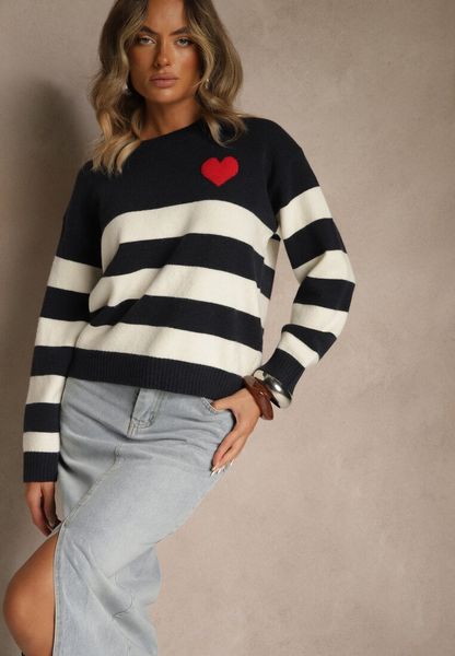 Granatowy Prosty Sweter z Domieszką Kaszmiru Zdobiony Wzorem w Pasy Tarvane. Niebieskie swetry Renee, z aplikacjami, z kaszmiru, bez ramiączek. Za 109.99 zł.