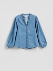 Jeansowa koszula ze stójką - niebieski. Niebieskie koszule Reserved, l, bez wzorów, z denimu, bez kołnierzyka, bez ramiączek. Za 129.99 zł.
